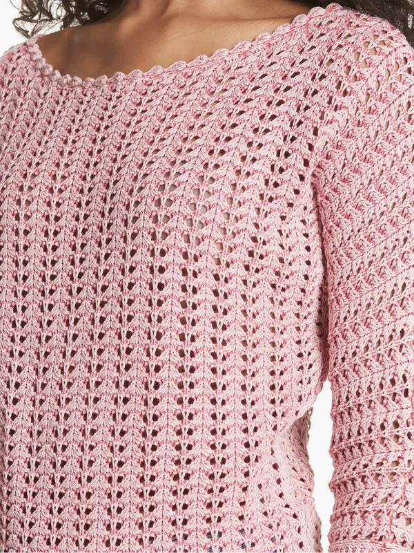 Free People Boomerang Crochet Open Knit Boatneck Sweater in Sweetpea Pink - Image 2