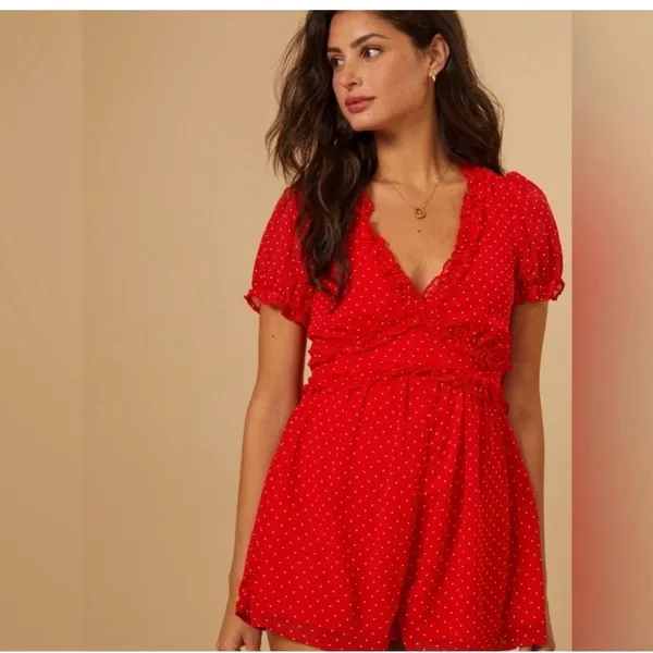 Altar'd State Bowie Romper Women's Sz Medium Red Polka Dot Ruffle - Image 2