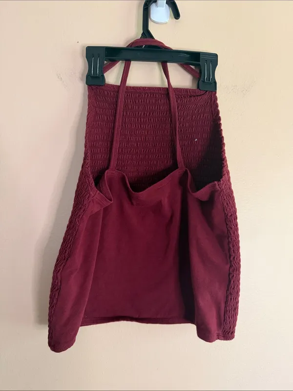 Hollister Burgundy Smocked Halter Crop Top - Image 3