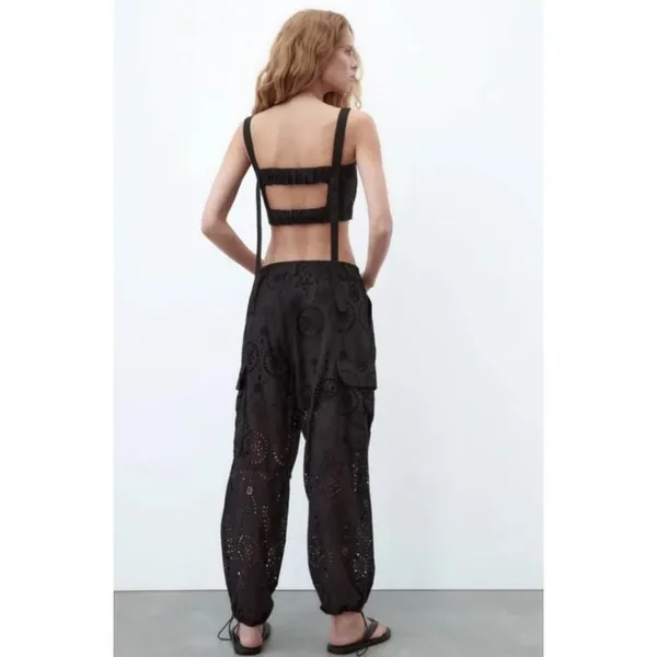 Zara Backless Bandeau Crop Top Black Floral Cutout Embroidered Minimalist XS - Image 10