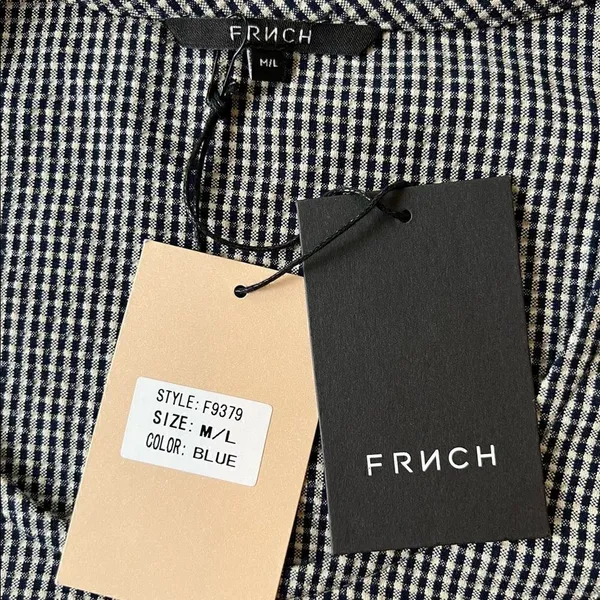 NWT! FRNCH Paris Blue White Gingham Check Long Tie Sleeve Blouse M/L - Image 6