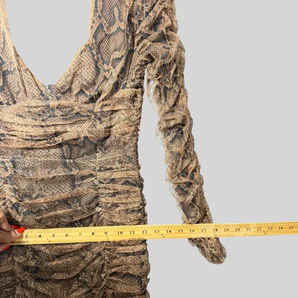 Zara Womens XS Brown Snakeskin Ruched Mesh V-Neck Mini Bodycon Dress NWT - Image 8