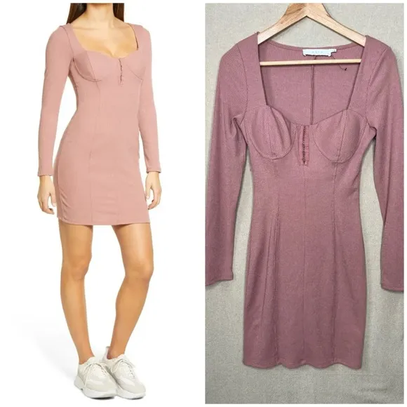 ASTR The Label Blush Ribbed Long Sleeve Bodycon Dress Knee Length Size M - Image 2