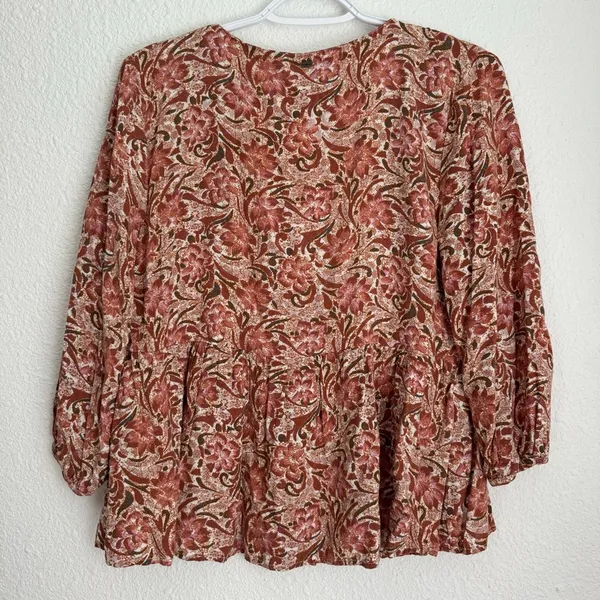 O’Neill pink and brown tropical floral peplum button blouse 3/4 sleeve size M - Image 5