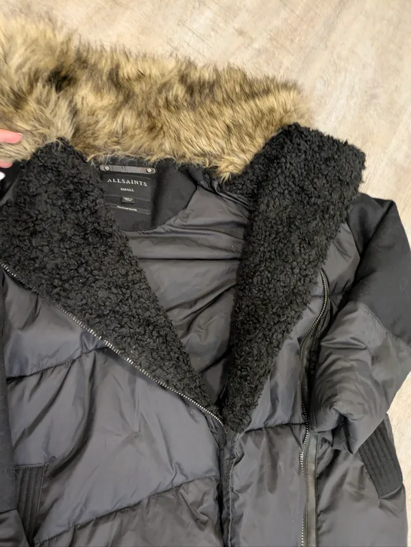 FLAWED All Saints Black Parka Puffer Coat Size Small - Image 4