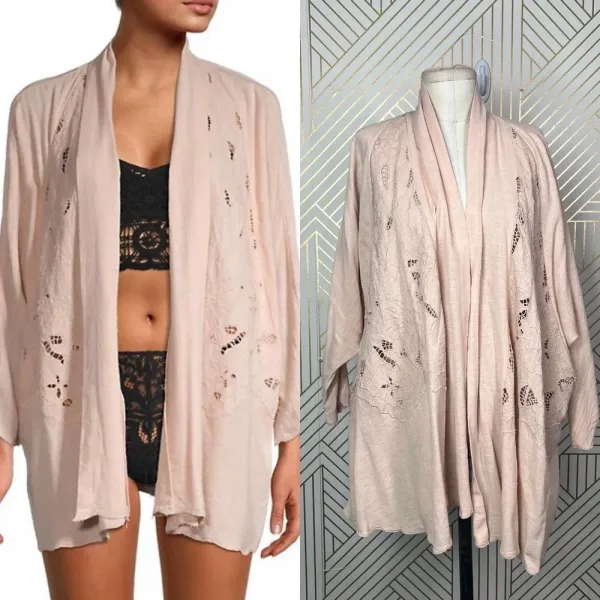 Free People Cool Nights Crochet Cardigan Conch Pink Size Small‎ - Image 2