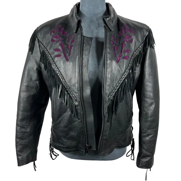 UNIK Leather Fringe‎ Biker Jacket Small Black Purple Rose Inlay Motorcycle Goth - Image 13