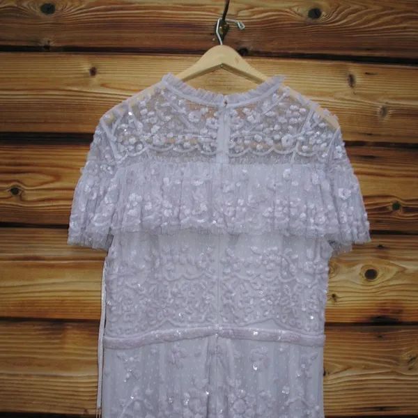 NWT Mac Duggal 9195 Illusion Mesh Overlay Ruffled Long Dress Lilac Size 14 - Image 11