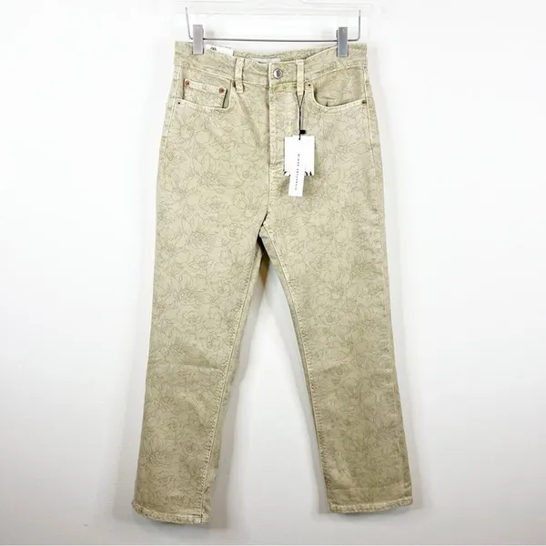 NWT‎ ZARA The Dreed Cropped Printed Flare Jeans Women's Size 4 Tan Cottagecore - Image 2