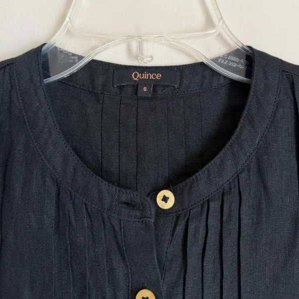 Quince Linen Pintuck Shift Dress Womens S Black Short Sleeve Pockets CMA01 - Image 3