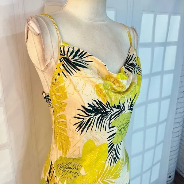 VICI yellow floral midi slip sundress with draped neckline size small - Image 2