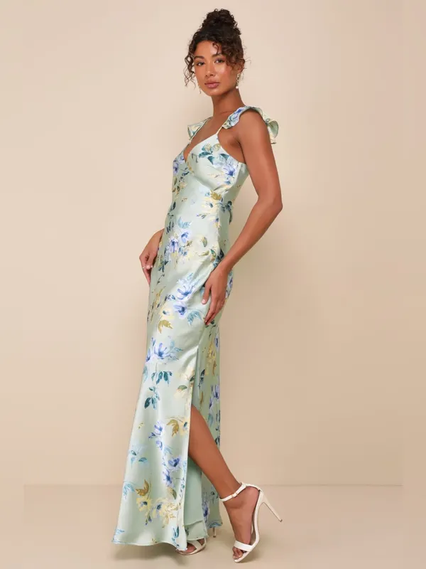 LULU’S Captivating Grace Sage Green Floral Satin Ruffled Maxi Dress - Image 4
