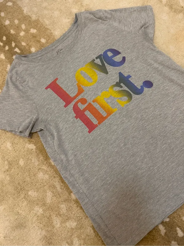 J.Crew love first grey rainbow font pride T-shirt women’s size medium - Image 3