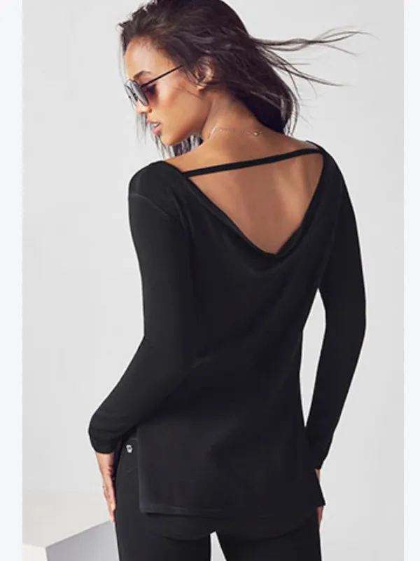 Fabletics Emerson Sweater Black Long-Sleeve Open-Back Tee - Image 2