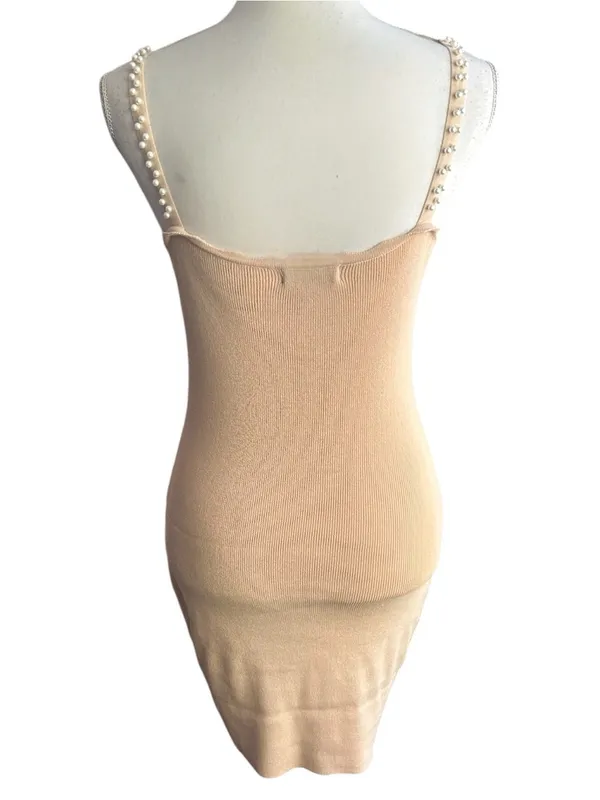 Beige Pearl-Embellished Knit Mini Dress - Image 4