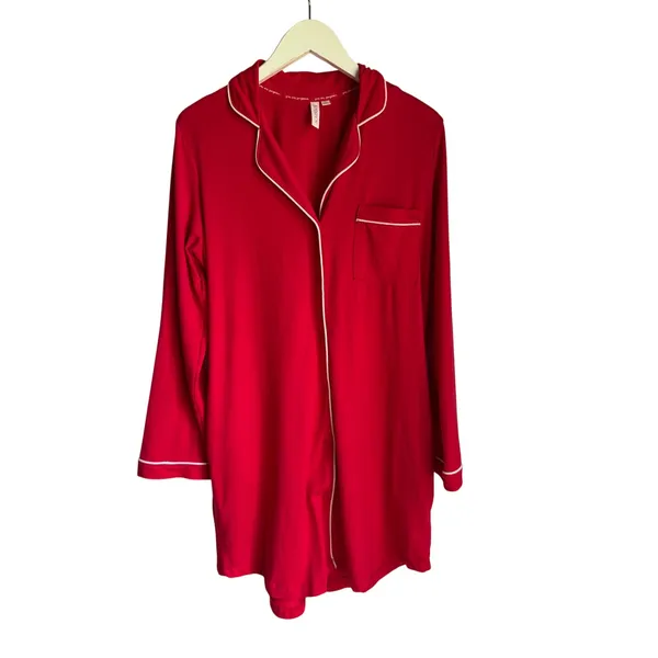 Red Button Front Nightgown Women's Medium Soft Pajama Sleep Shirt Pockets - Image 5