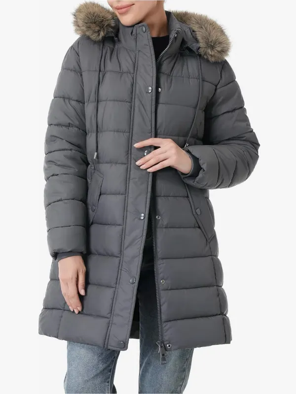 Women's Gray Quilted Long Puffer Coat with Faux-Fur Trim Hood - Image 4