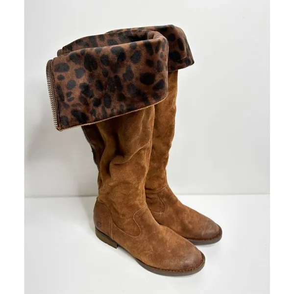 Born Malena‎ Tan Suede Leopard Print Cuff Tall Boots Back Zip 5.5M - Image 3