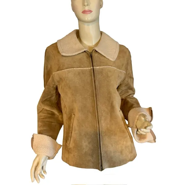Vintage Y2k Gap Tan Suede And Cream Faux Shearling Lined Jacket (M) - Image 2