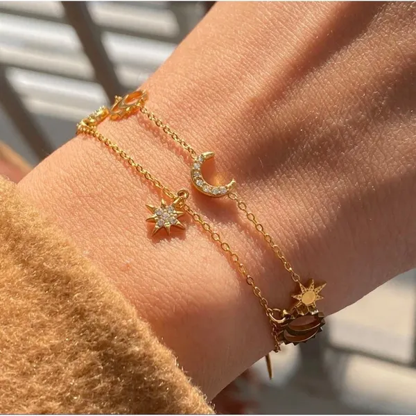 Gold Celestial Charm Bracelet Sun Moon Star Adjustable Dainty Chain‎ NEW - Image 4