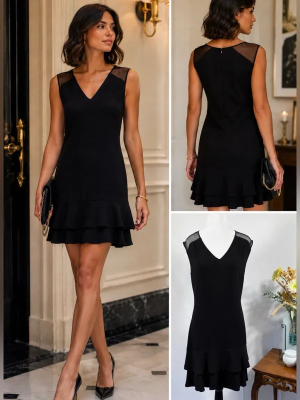 Sandro Paris Black Mesh Shoulder Tiered Ruffle Hem Mini Dress Sz 3 / L 💛 - Image 2
