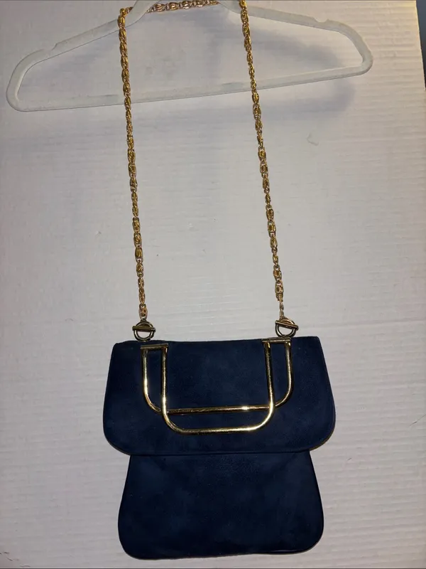 Sheldon Original..Vintage Navy Blue Suede With Gold Toned Crossbody Chain - Image 4
