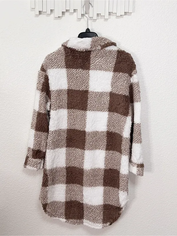 Miss Sparkling Brown Plaid Sherpa Shacket Oversized Longline Teddy Fleece Jacket - Image 7