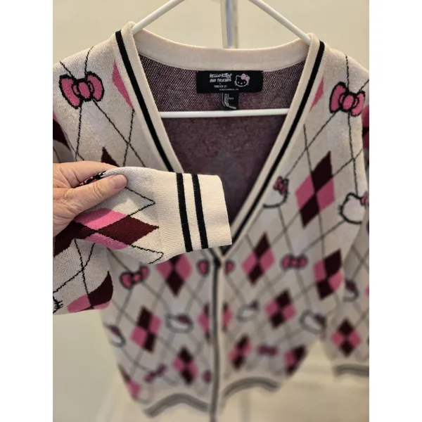 Hello Kitty Forever 21 Argyle Cardigan Sweater Womens Size Small Pink Sanrio - Image 2