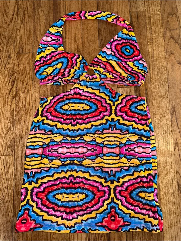 SheIn Womens Multicolor Abstract Backless Halter Mini Hippie Dress - Large - Image 2