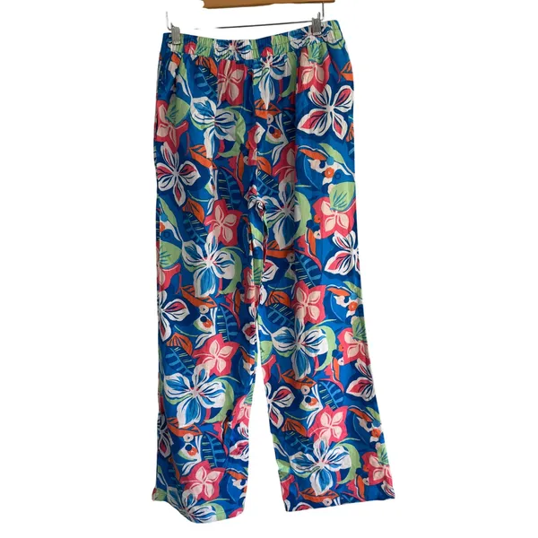 Sincerely Jules Tropical Floral Linen Blend‎ Wide Leg Pants Blue Pink Medium NWT - Image 9