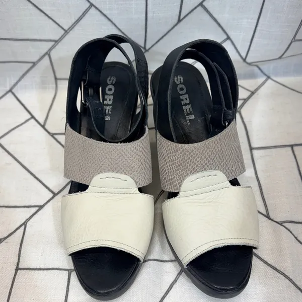 Sorel Joanie Wedge Sandals 10‎ Black Snake Embossed Leather Ankle Strap NL2852 - Image 6