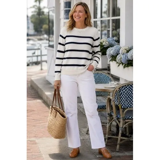 Old Navy Womens 100% Cotton Breton Stripe Sweater Cream Navy Long Sleeve‎ Size S - Image 2