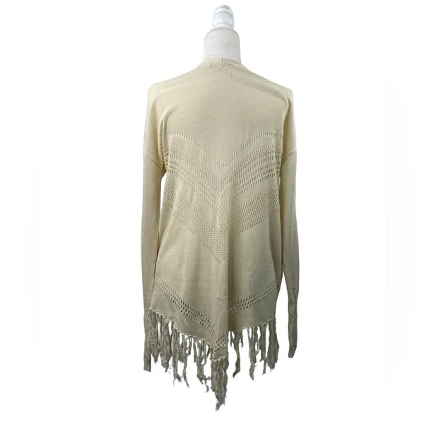 Wild Pearl Open Cardigan with fringe boho cotton crochet design Large cream - Image 2
