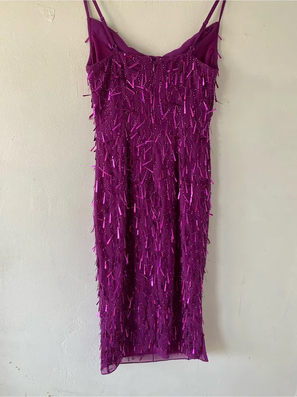 Liv foster party cocktail Fuchsia Sequin Fringe Slip Midi Dress - Image 3