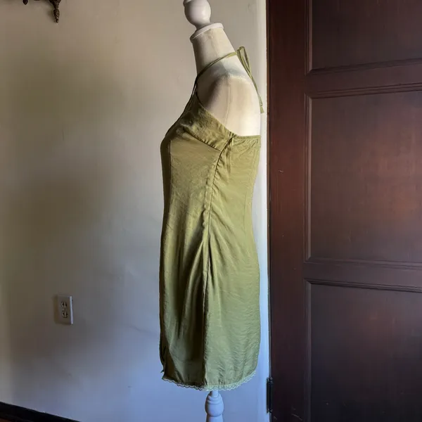 PRINCESS POLLY | Sage Green Slip style Cross neck Halter Mini Dress | Size 4 - Image 4