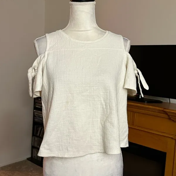 MADEWELL Skylark Top Cold Shoulder Bow Sz S Textured Ivory Boxy Relaxed Fit - Image 2