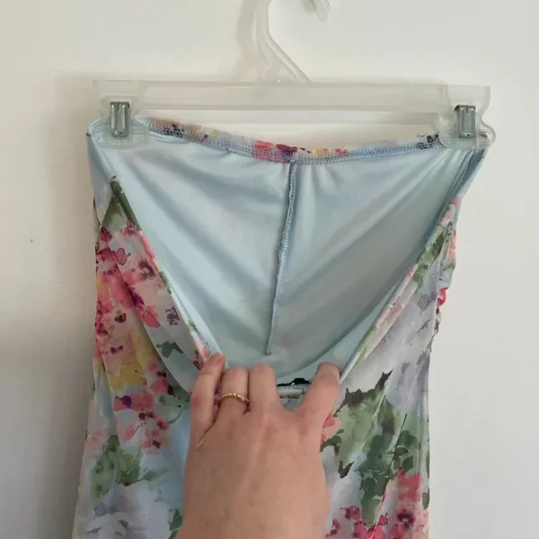 HAUTE MONDE Light Blue Pink Floral Semi Sheer Mesh Strapless Midi Dress ? w Slit - Image 15