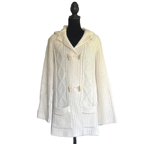 St Michael Vintage Cream Cable Knit Hooded Toggle Cardigan Sweater Cottagecore - Image 2