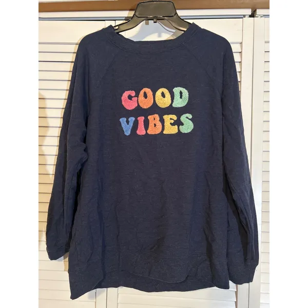 Wildfox "Good Vibes" Crewneck Sweatshirt Blue Multi‎ Chenille Applique Size S - Image 4
