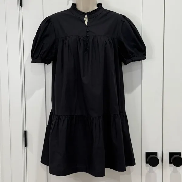 French Connection Poplin Mini Dress Puff Sleeve Black Small Preppy Coastal Chic - Image 6