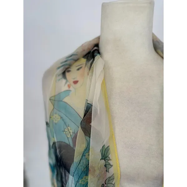 Silk Blend Scarf Asian Geisha Floral Print 66 x 19 Rectangle Art‎ Wall Decor - Image 2