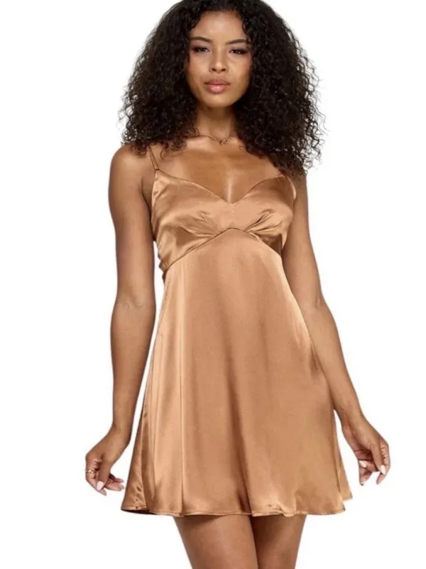 NWT Katia Rae Juniors’ Satin Sweetheart A-Line Slip Mini Dress Silky Copper Sz S - Image 2