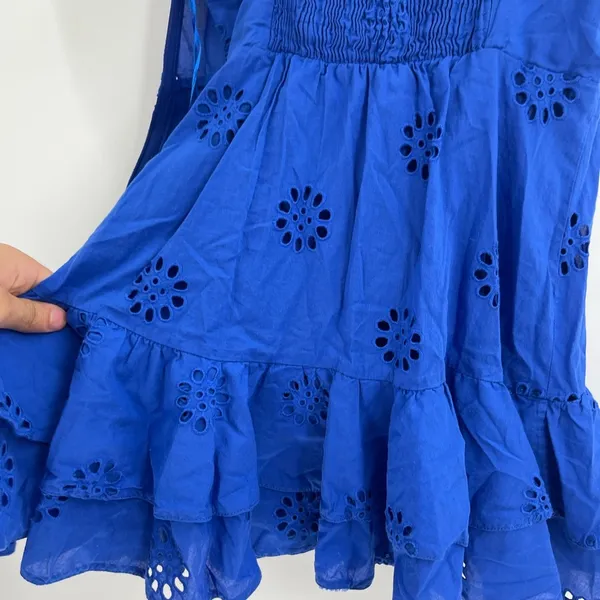 Boho Sleeveless Blue Eyelet Ruffle Dress Size Small Flawed - Image 11