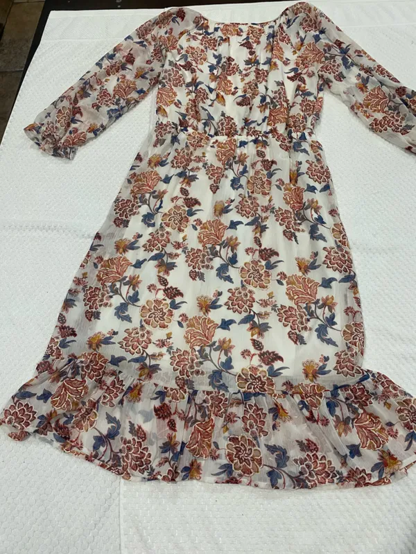Boho Floral V-Neck Tiered Midi Dress - White with Rust & Blue - Image 8