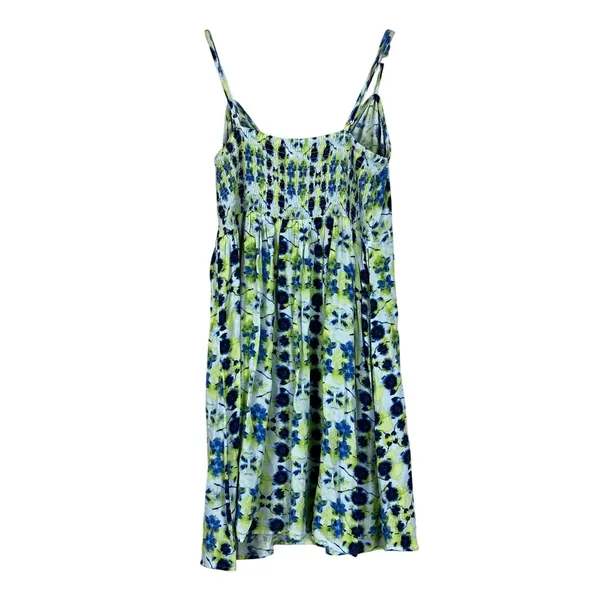 Aerie Floral Tie Dye Keyhole Mini Dress Blue Green Boho Smocked Size M - Image 4