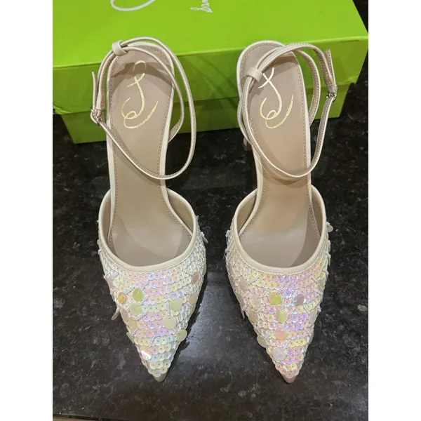 Sam Edelman Avril Pump Womens Ivory Sequin Ankle Strap Stiletto Heel Size 10 - Image 6