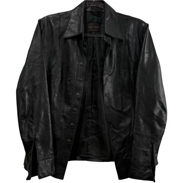 Carlisle Lambskin‎ Leather Black Lambskin Leather Button Down Shirt Jacket M - Image 2