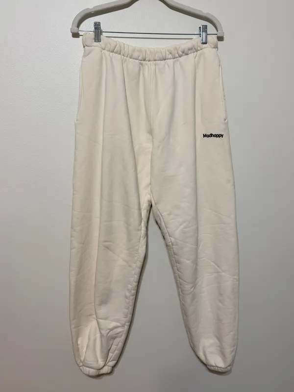 MadHappy Classic Fleece Jogger Sweatpants Size Large Cream Navy Neutral - Image 2