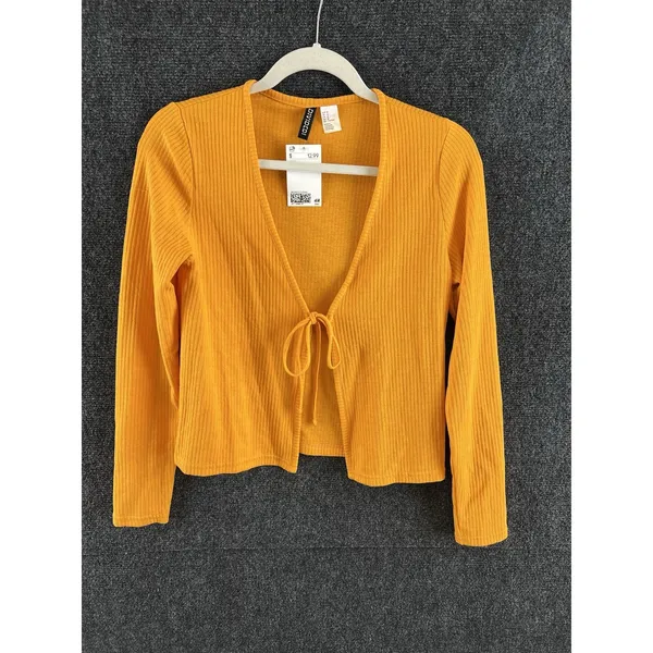 H&M Divided Mustard Yellow Rib Knit Long Sleeve Tie-Front Crop Cardigan Size M - Image 2