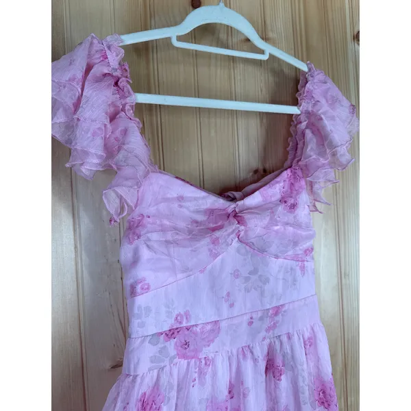 NWT Lulus Loveliest Darling Light Pink Floral Ruffled Tie-Back Midi Dress Sz L - Image 7